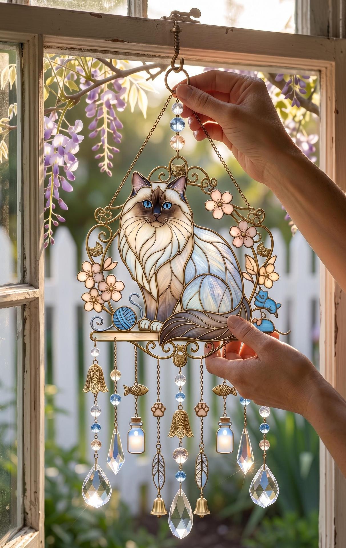 Cat Stained Glass Style Suncatcher Wind Chime