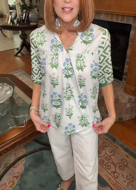 Women's V Neck Puff Sleeve Floral Print Blouse (Buy 2 Free Shipping)