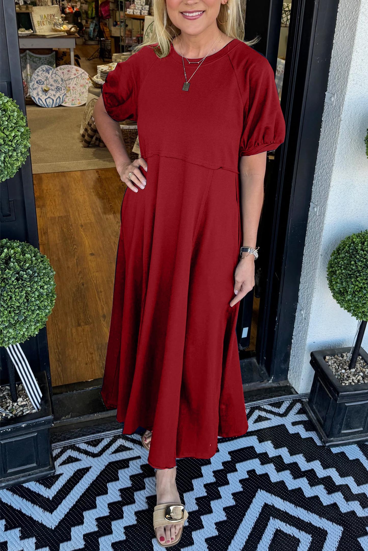 Women's Solid Puff Sleeve Long Dress With Pockets (Buy 2 Free Shipping)