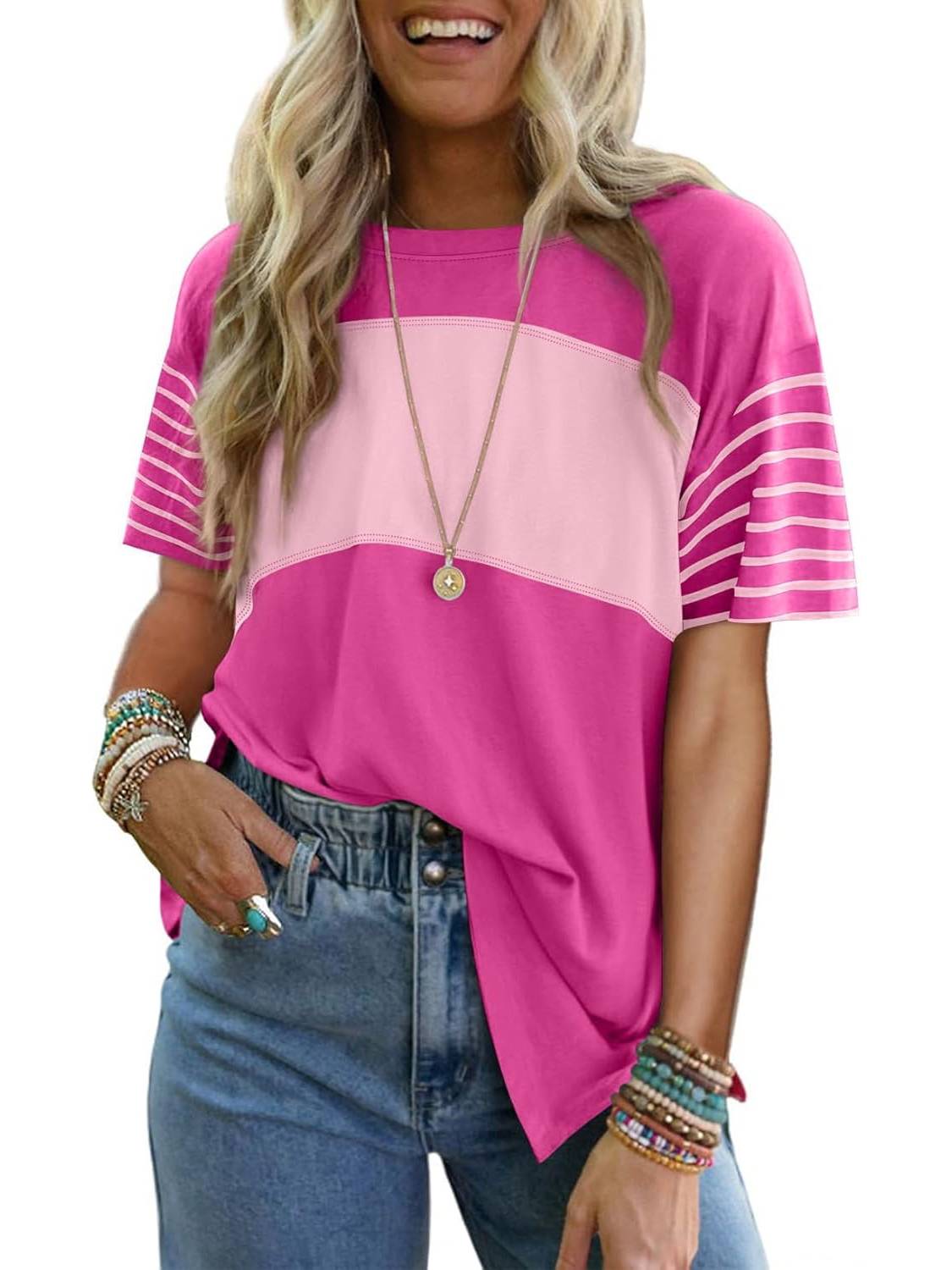 Women's Casual Crewneck Color Block Striped T-shirt (Buy 3 Free Shipping)