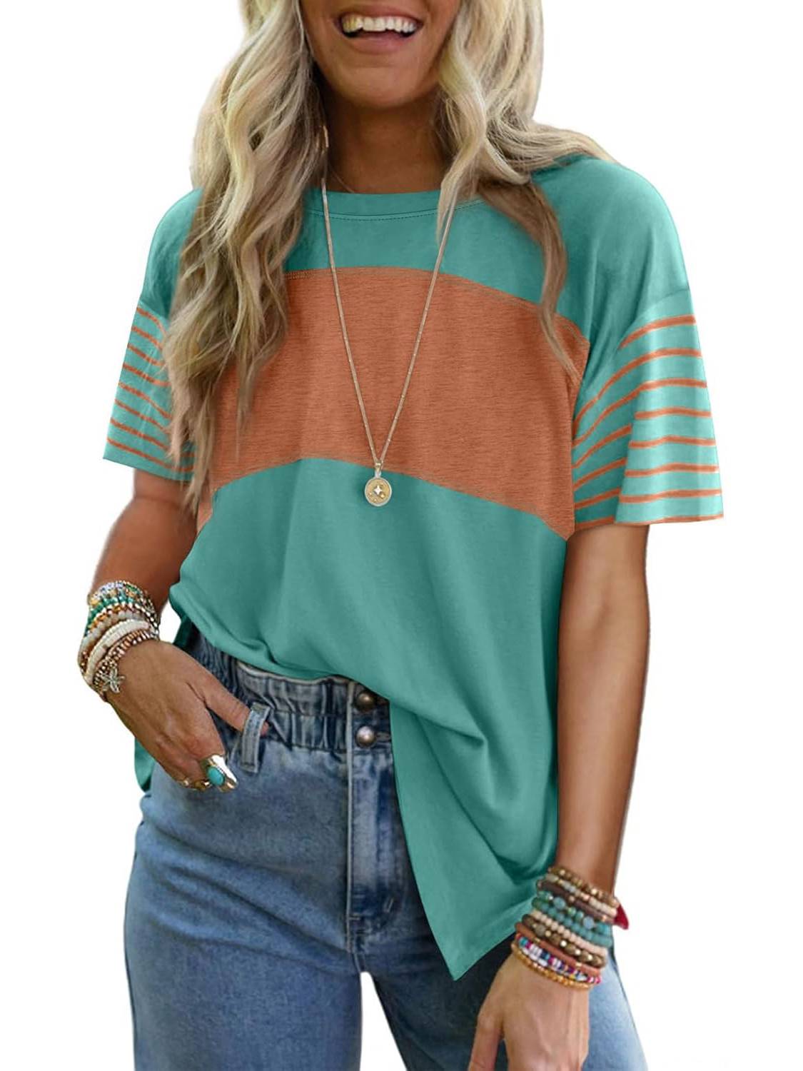 Women's Casual Crewneck Color Block Striped T-shirt (Buy 3 Free Shipping)