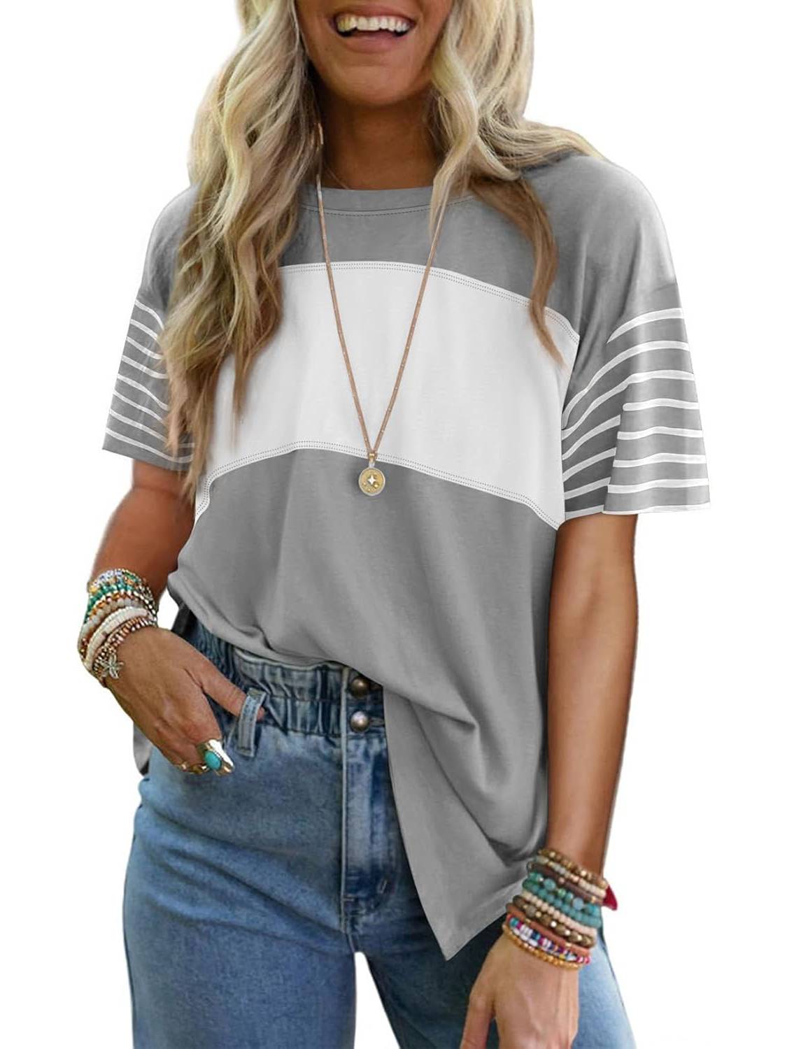 Women's Casual Crewneck Color Block Striped T-shirt (Buy 3 Free Shipping)