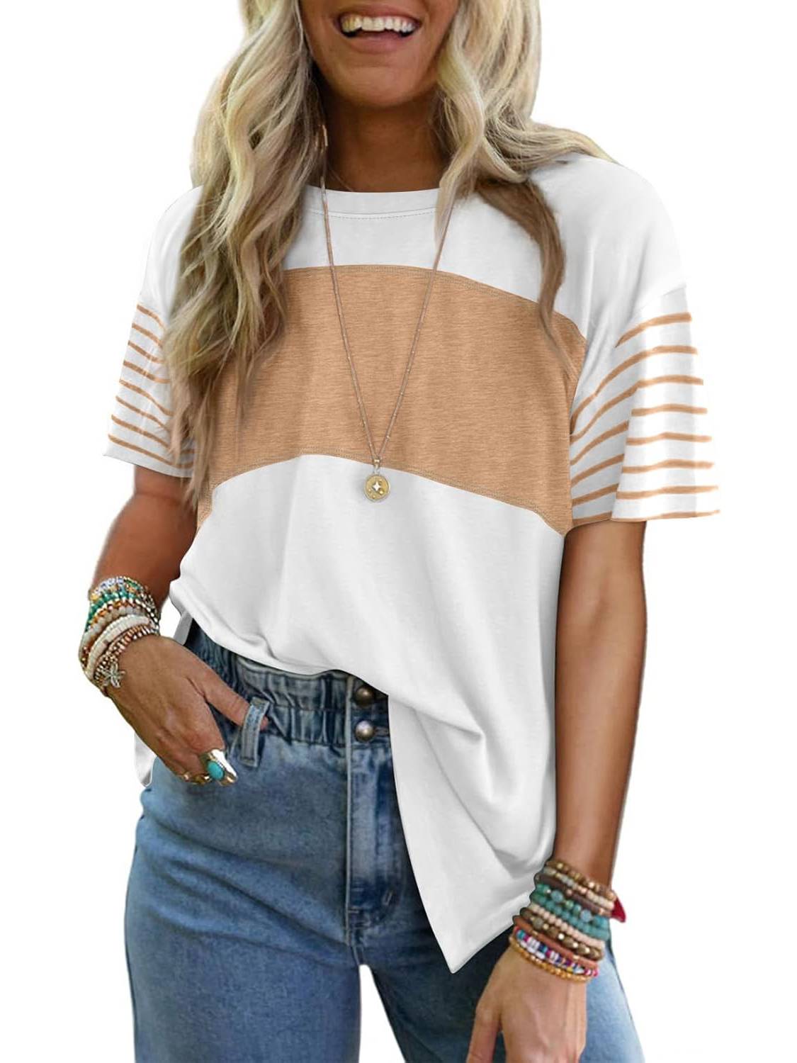 Women's Casual Crewneck Color Block Striped T-shirt (Buy 3 Free Shipping)