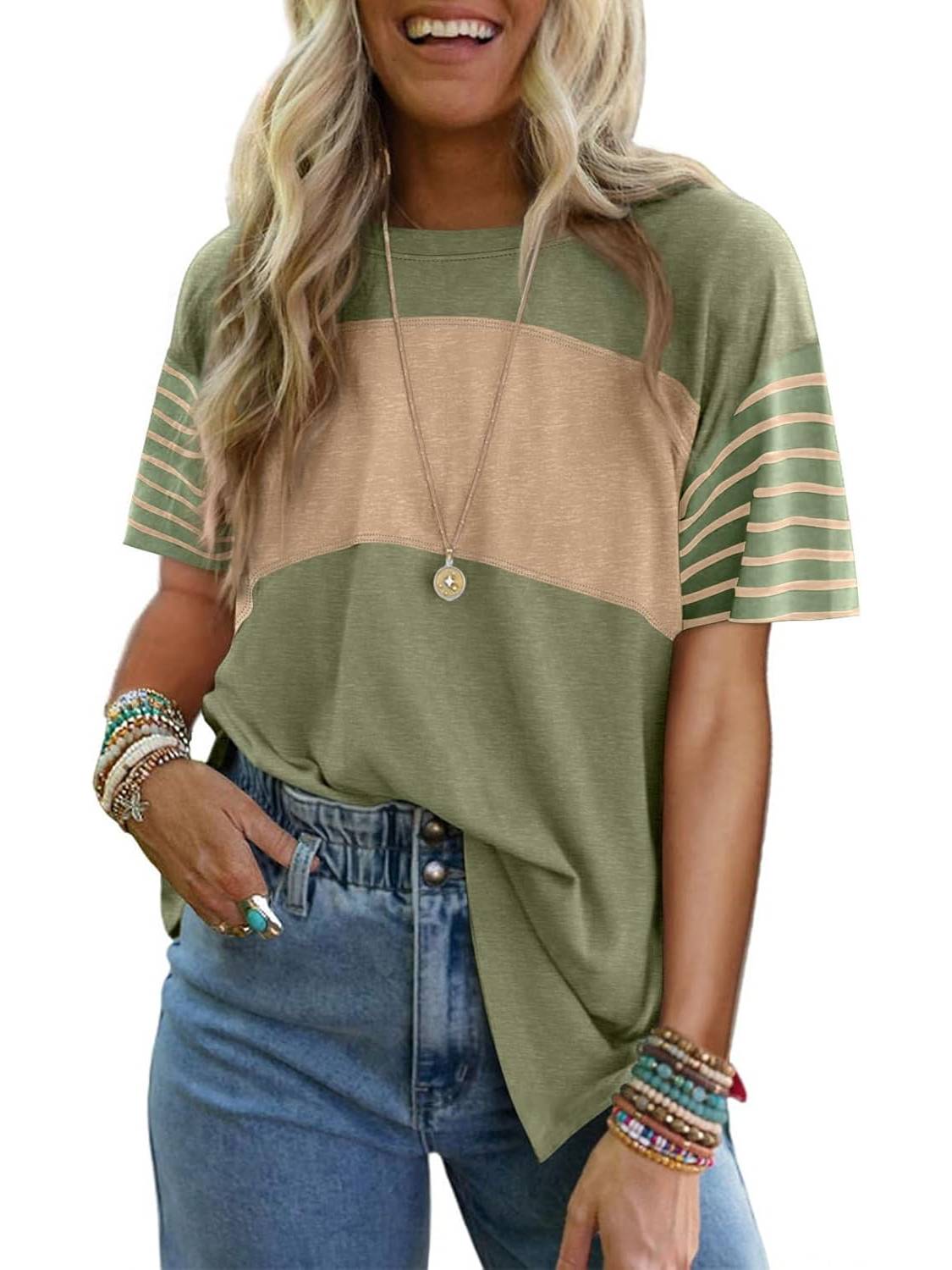Women's Casual Crewneck Color Block Striped T-shirt (Buy 3 Free Shipping)