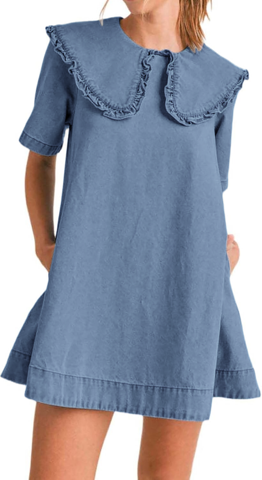 Women's Casual Ruffle Lapel Babydoll Denim Dress (Buy 2 Free Shipping)