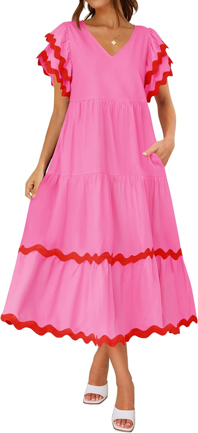 Women's V Neck Flutter Short Sleeve Tiered Long Dress (Buy 2 Free Shipping)