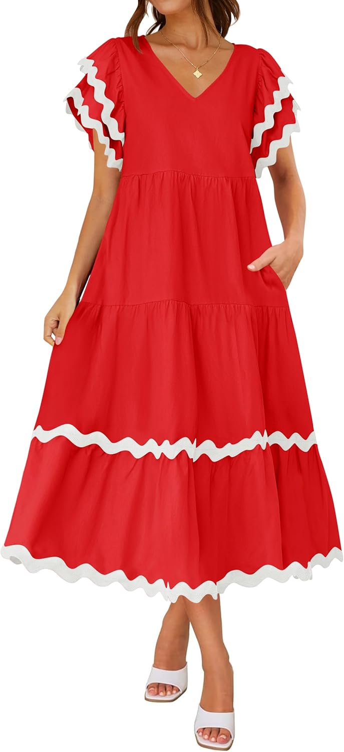 Women's V Neck Flutter Short Sleeve Tiered Long Dress (Buy 2 Free Shipping)