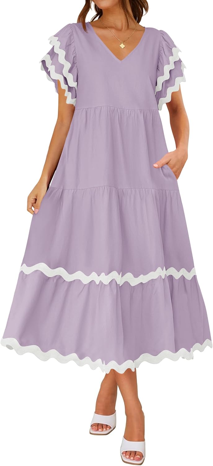 Women's V Neck Flutter Short Sleeve Tiered Long Dress (Buy 2 Free Shipping)