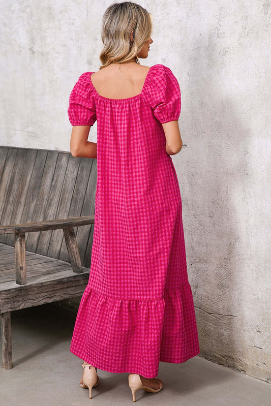 Women's Square Neck Puff Sleeve Plaid Maxi Dress (Buy 2 Free Shipping)