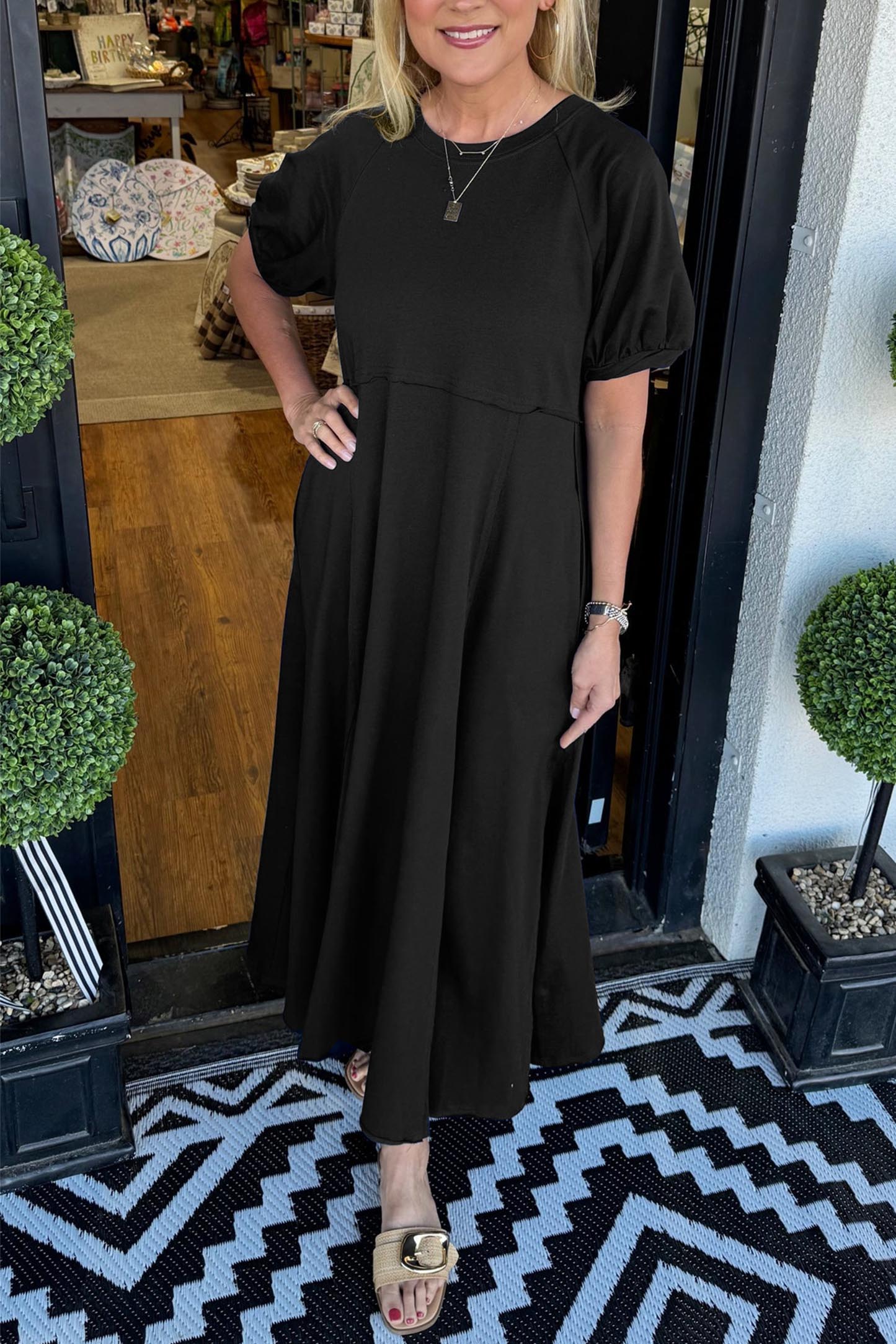 Women's Solid Puff Sleeve Long Dress With Pockets (Buy 2 Free Shipping)