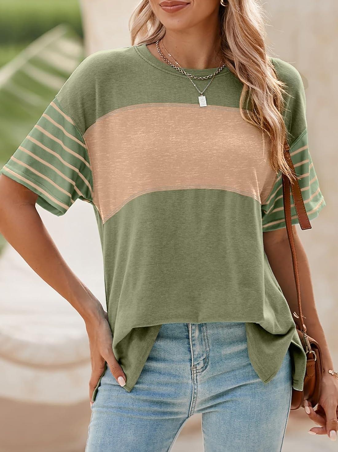 Women's Casual Crewneck Color Block Striped T-shirt (Buy 3 Free Shipping)