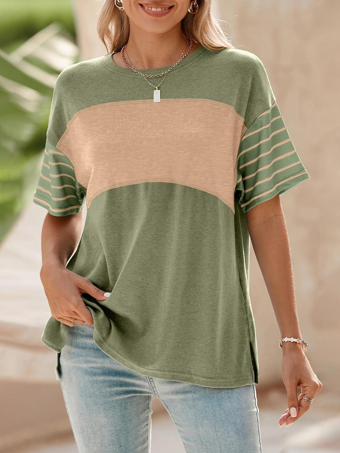 Women's Casual Crewneck Color Block Striped T-shirt (Buy 3 Free Shipping)