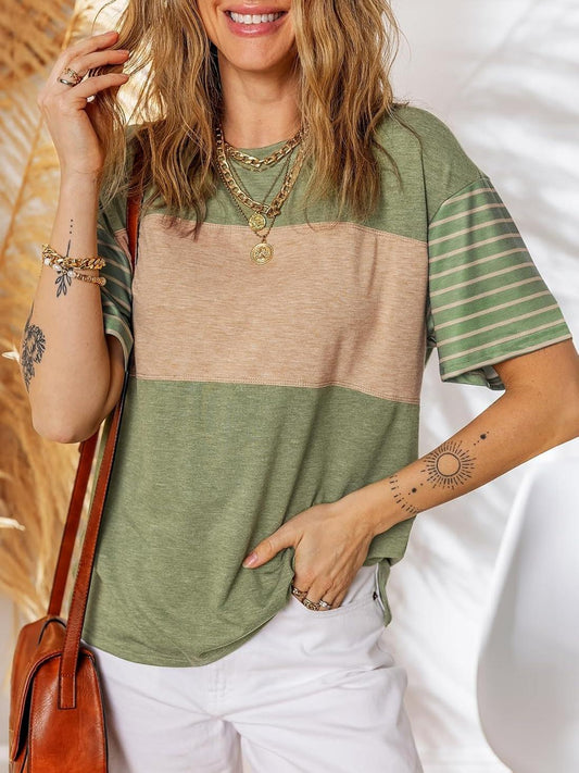 Women's Casual Crewneck Color Block Striped T-shirt (Buy 3 Free Shipping)