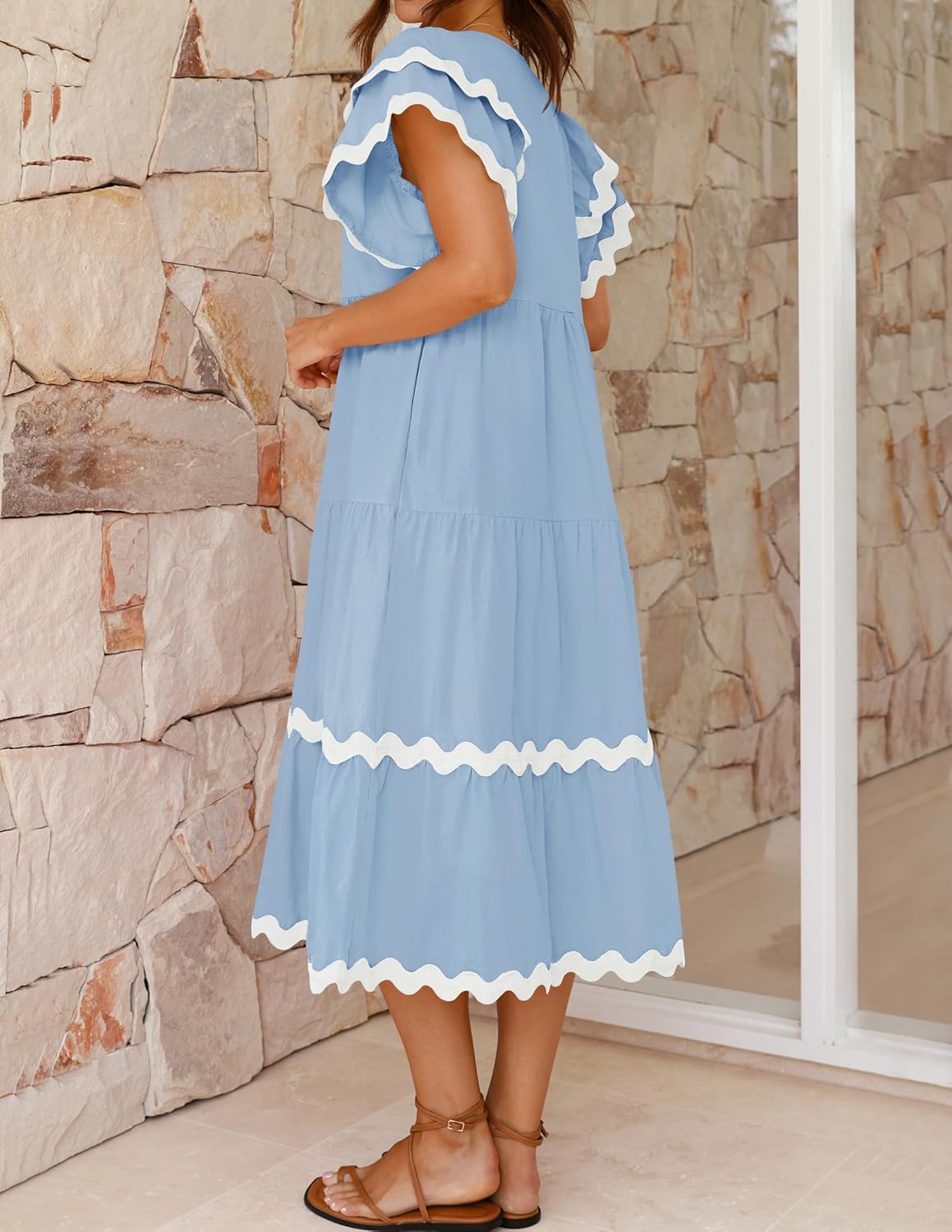 Women's V Neck Flutter Short Sleeve Tiered Long Dress (Buy 2 Free Shipping)
