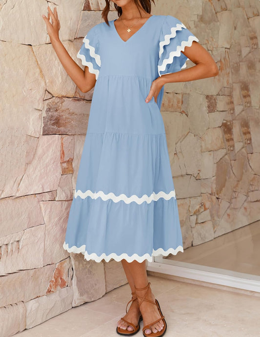 Women's V Neck Flutter Short Sleeve Tiered Long Dress (Buy 2 Free Shipping)