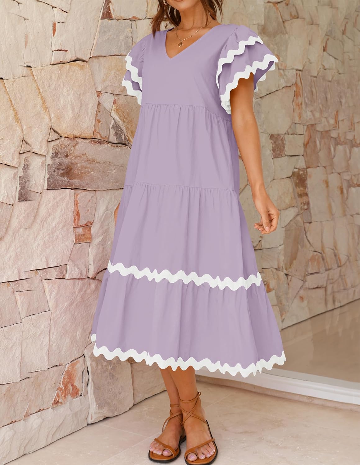Women's V Neck Flutter Short Sleeve Tiered Long Dress (Buy 2 Free Shipping)