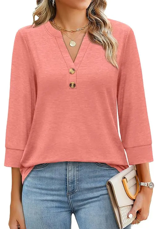 Women's 3/4 Sleeve Button V Neck Tops (Buy 3 Free Shipping)