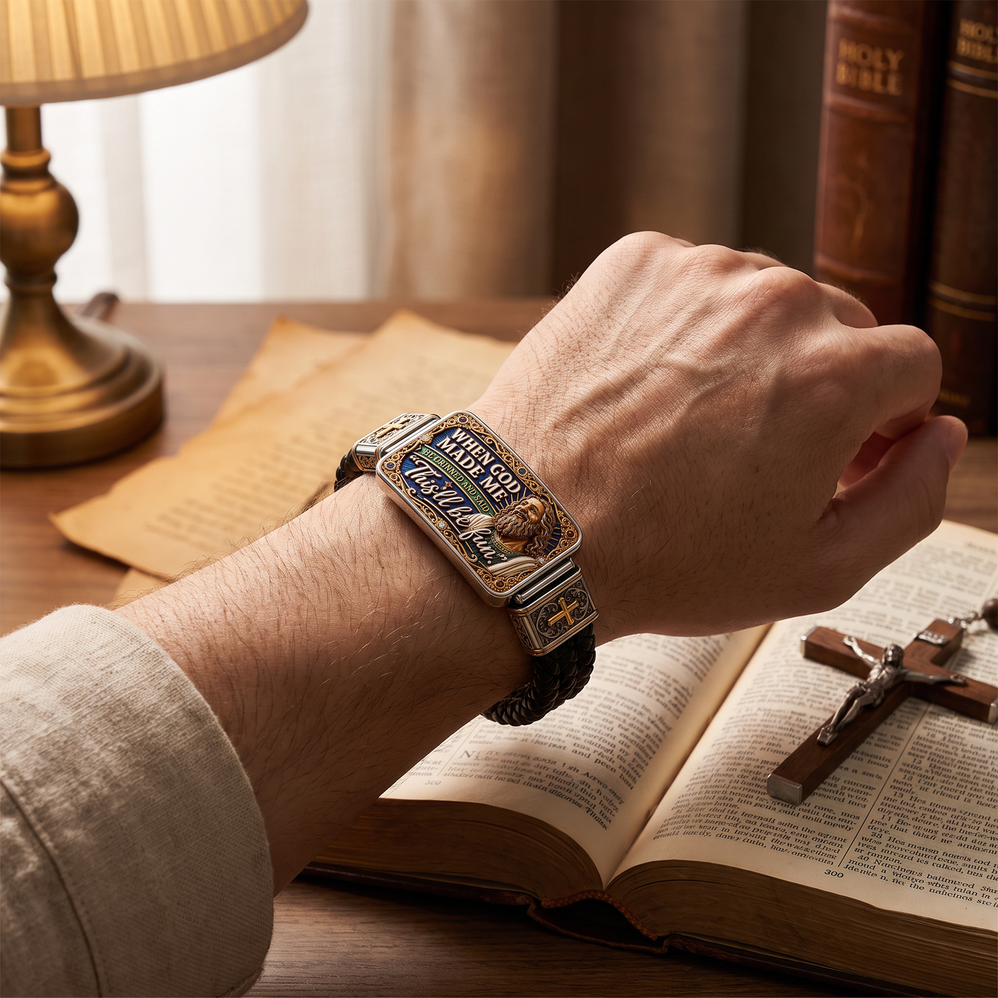 “When God Made Me, He Grinned” Christian Bracelet – Funny Jesus & Cross Braided Faith Wristband, Inspirational Religious Gift