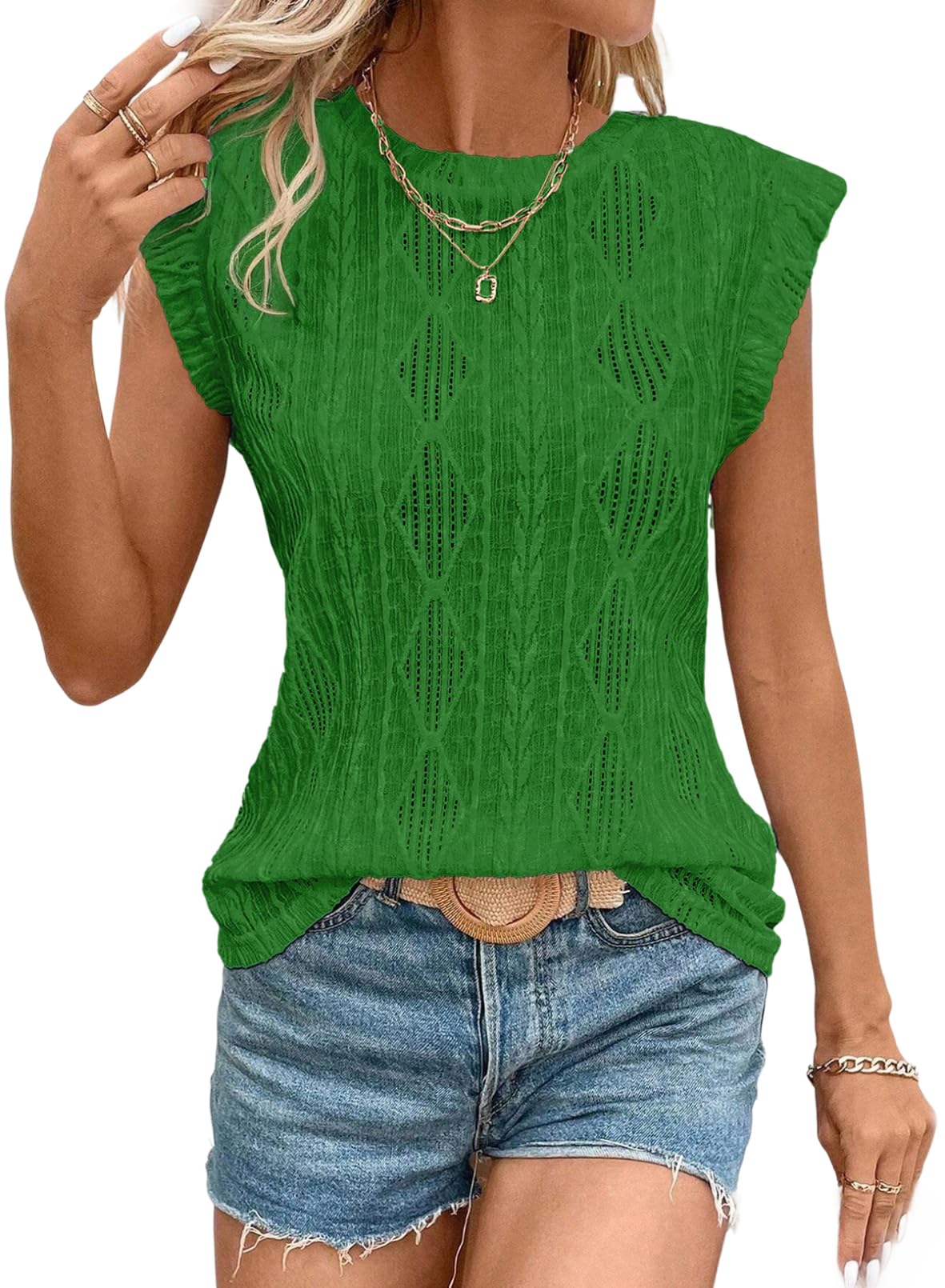 Women's Cap Sleeve Lightweight Crochet Knit Texture Top (Buy 2 Free Shipping)
