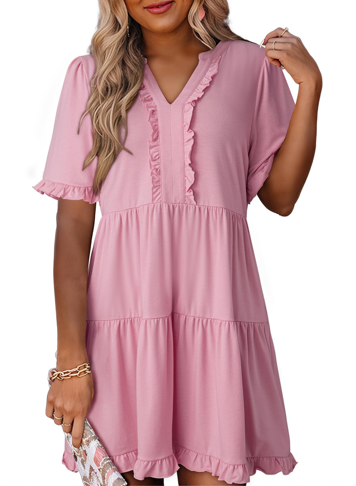Women's V Neck Short Sleeve Casual A Line Flowy Swing Dress (Buy 2 Free Shipping)