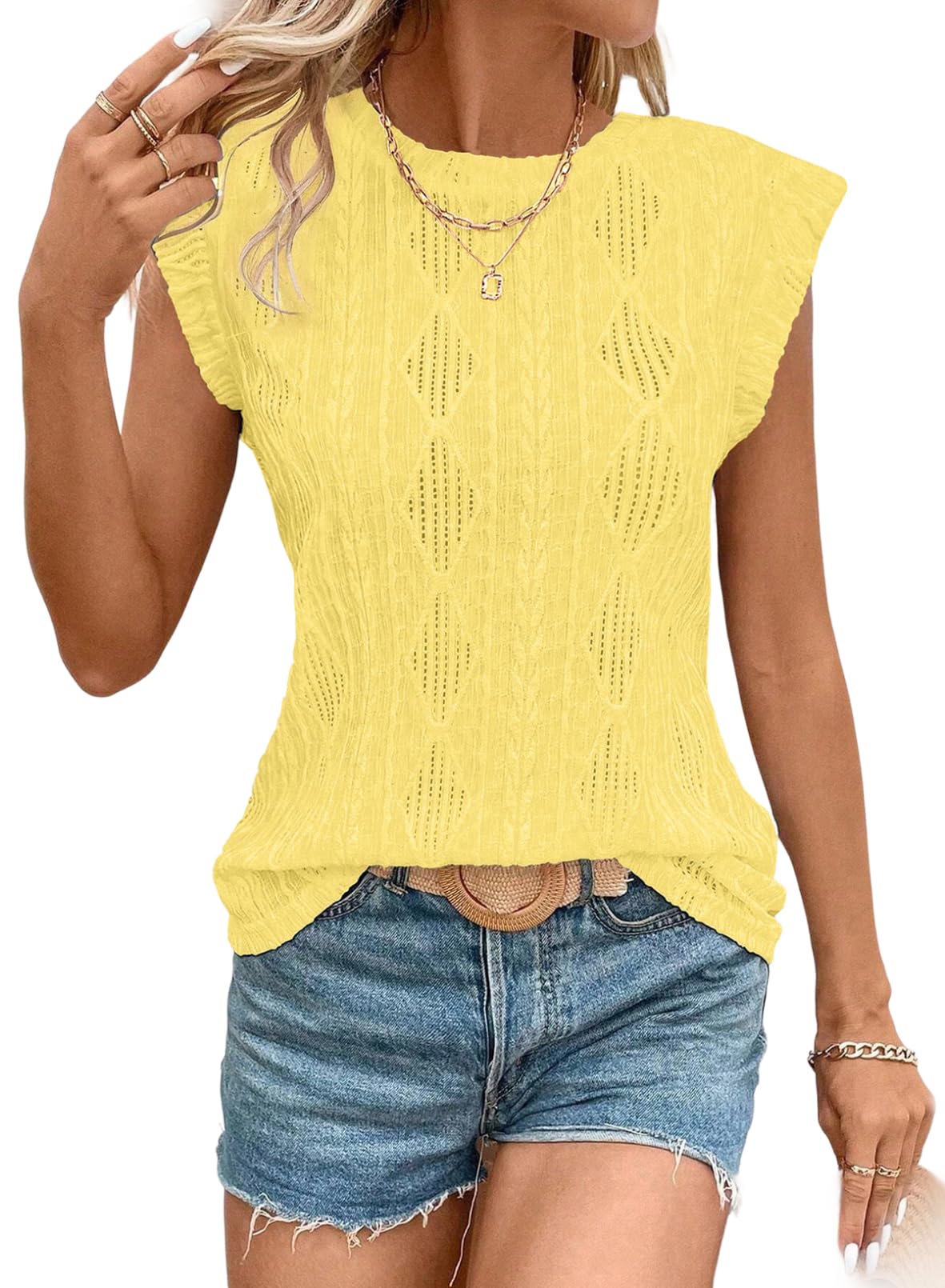 Women's Cap Sleeve Lightweight Crochet Knit Texture Top (Buy 2 Free Shipping)