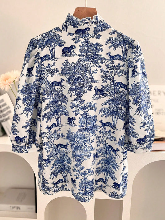 Women's V-neck Ruffle Collar Printed Shirts (Buy 2 Free Shipping)