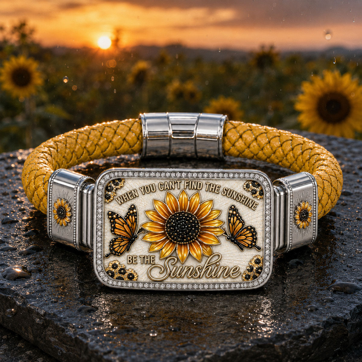 Sunflower & Butterfly "Be the Sunshine" Inspirational Braided Bracelet