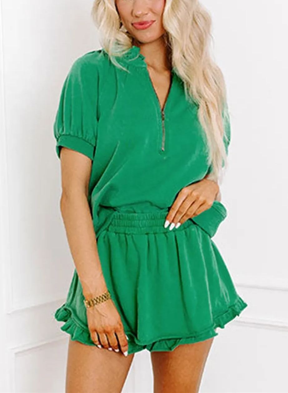 Women's Casual Half-zip Top and Ruffle Shorts Set (Buy 2 Free Shipping)
