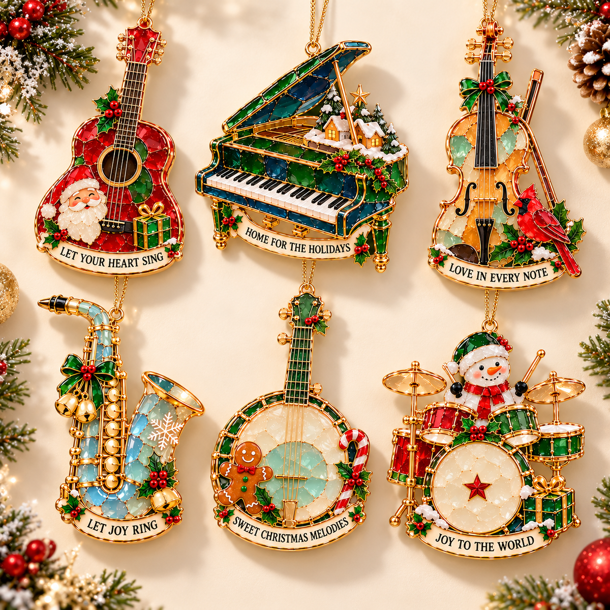 Christmas Melodies β 6-Piece Stained-Glass-Style Musical Instrument Ornament Set | A Christmas Gift for Music Lovers