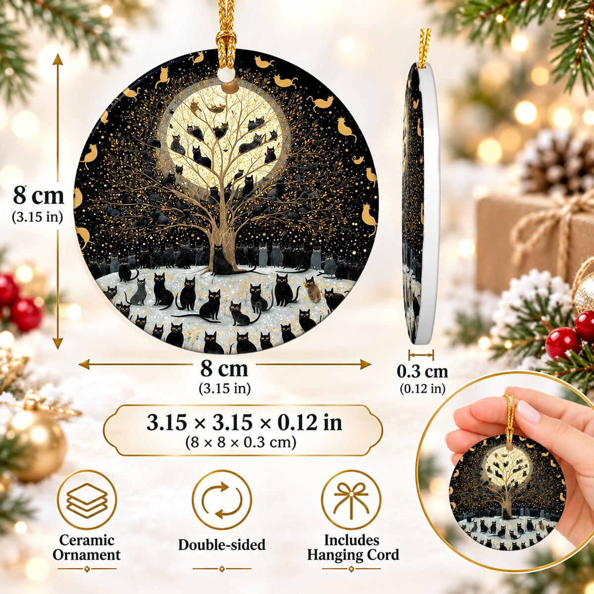 πββ¬π Moonlit Black Cats Tree of Life Ceramic Ornament