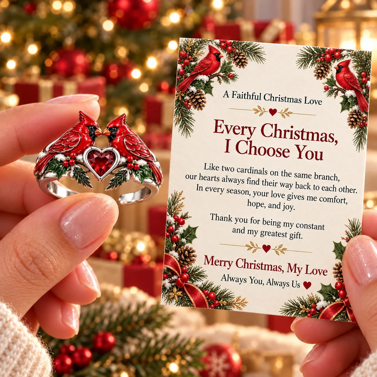 🐦 Cardinal Couple Christmas Ring with Message Card