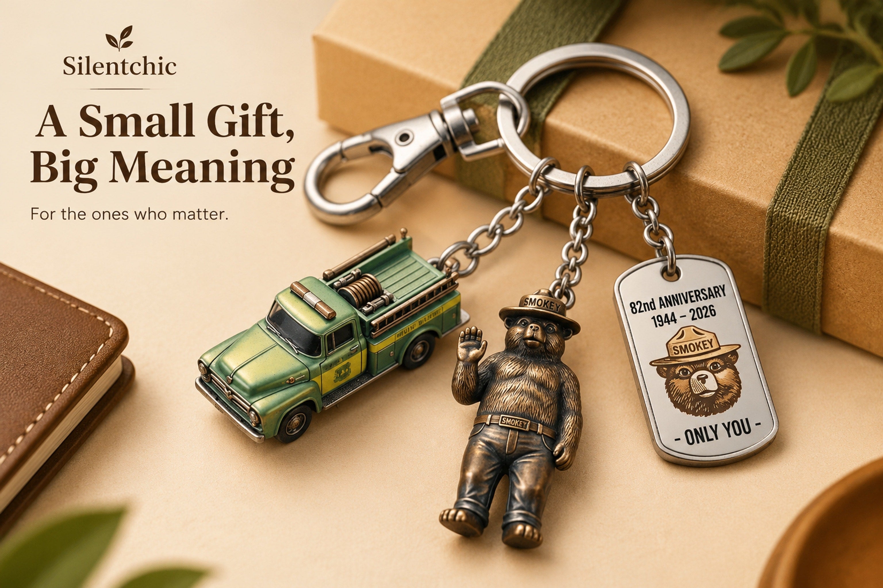 Commemorative keychain styled on a brown briefcase, showing the green truck, bear figure, and dog-tag-style pendant