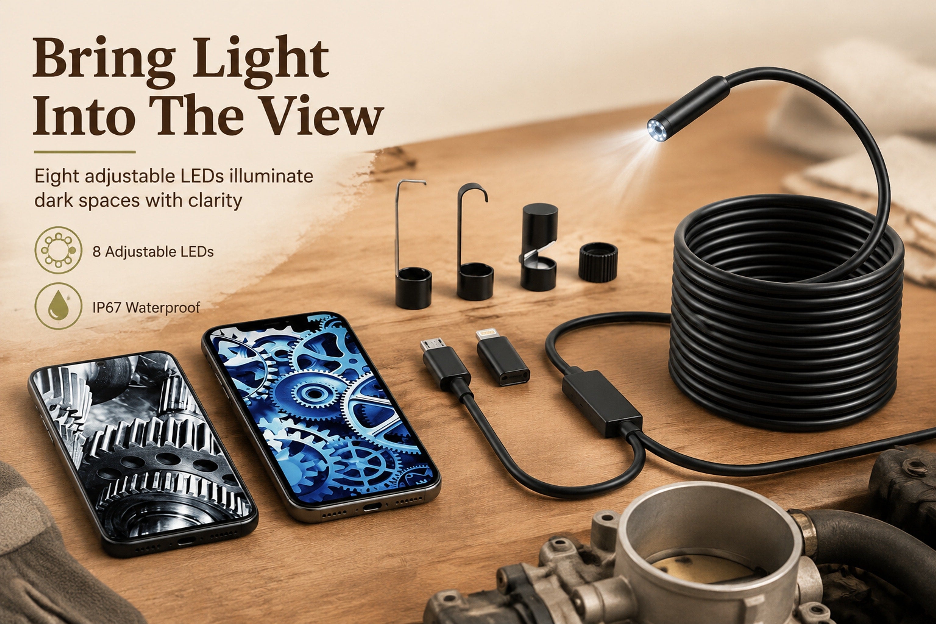 Close view of the slim endoscope camera probe and flexible black cable
