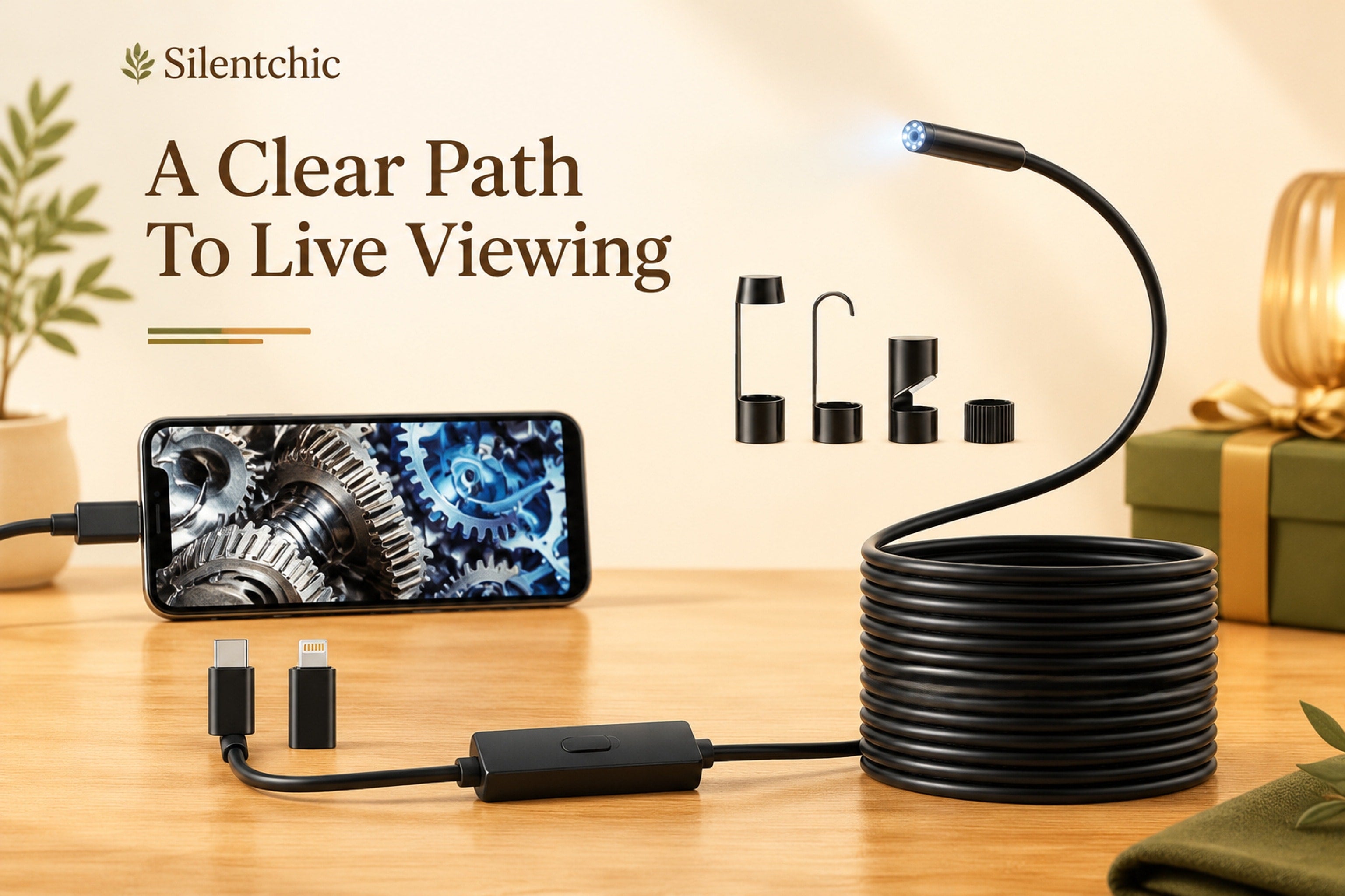 Phone-connected endoscope camera positioned for viewing a hard-to-see space