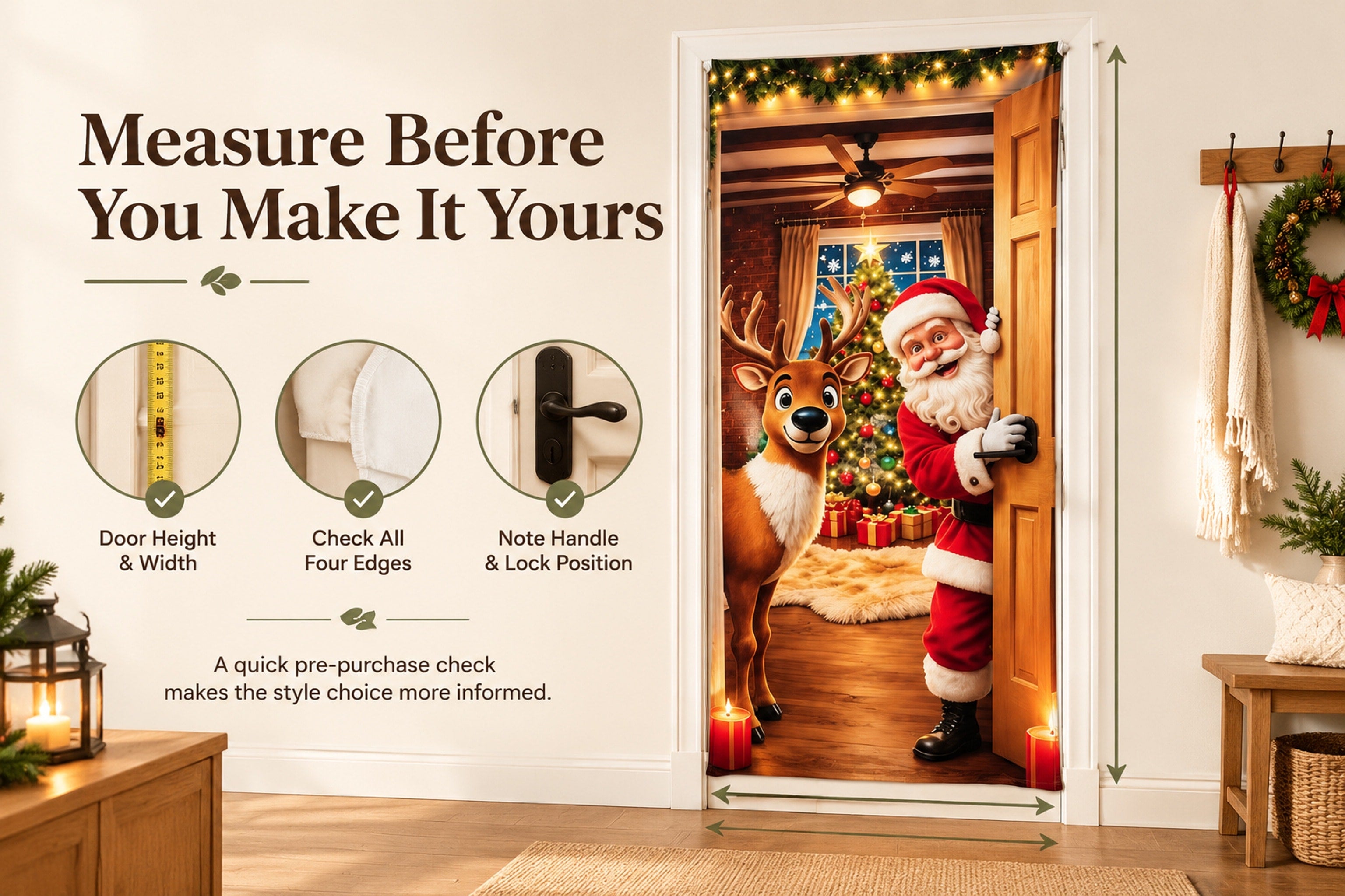 Christmas Santa and reindeer door cover shown installed on a front door