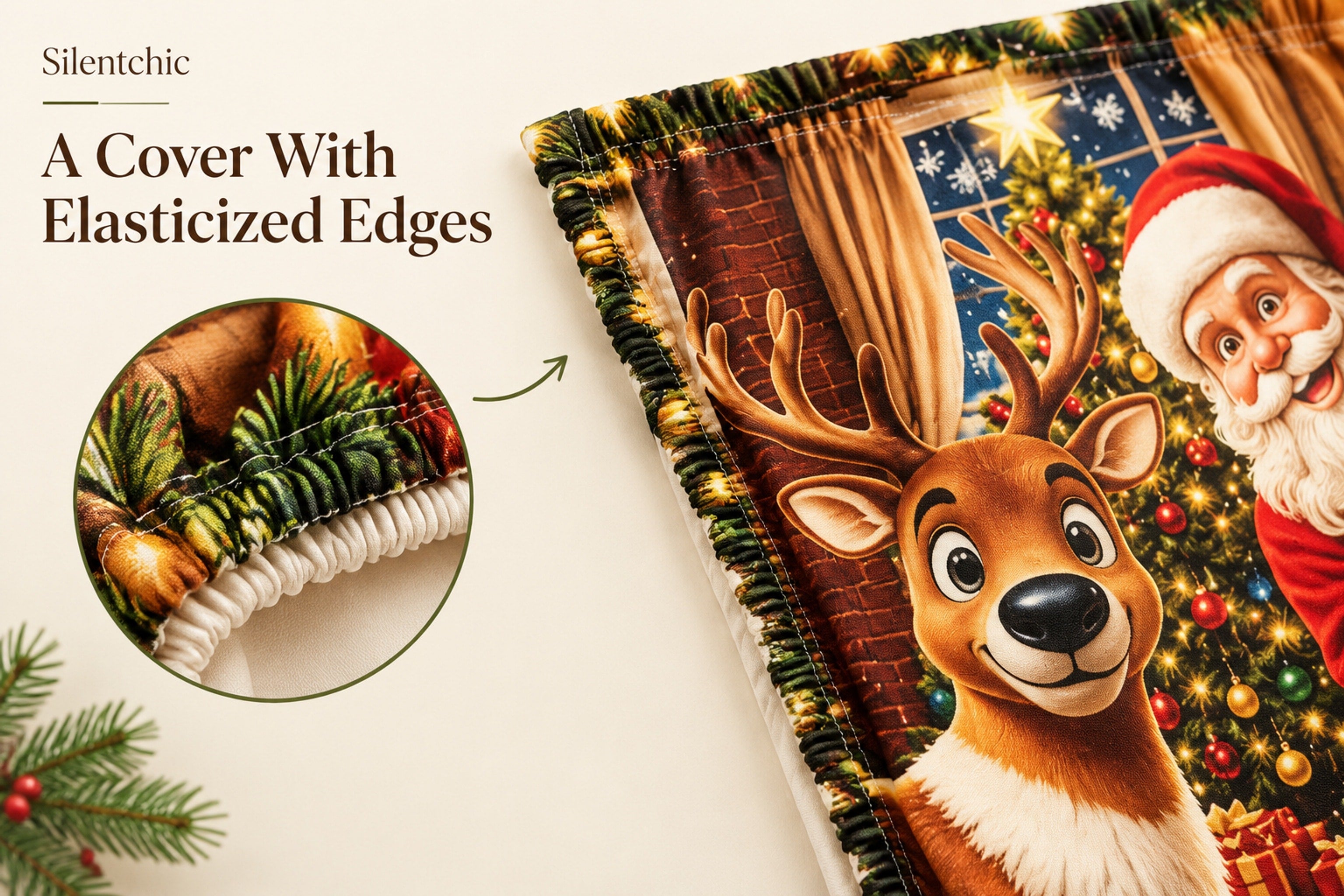 Close-up of the gathered elastic edge on the Christmas door cover