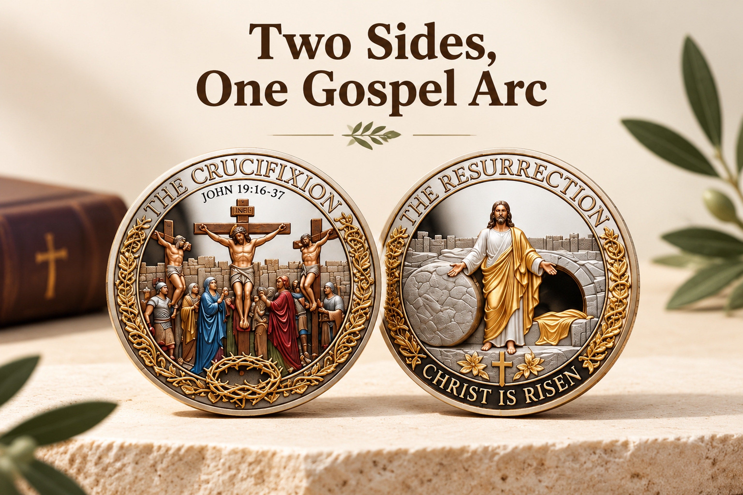 Close view of the commemorative coin showing the Crucifixion scene and crown-of-thorns border