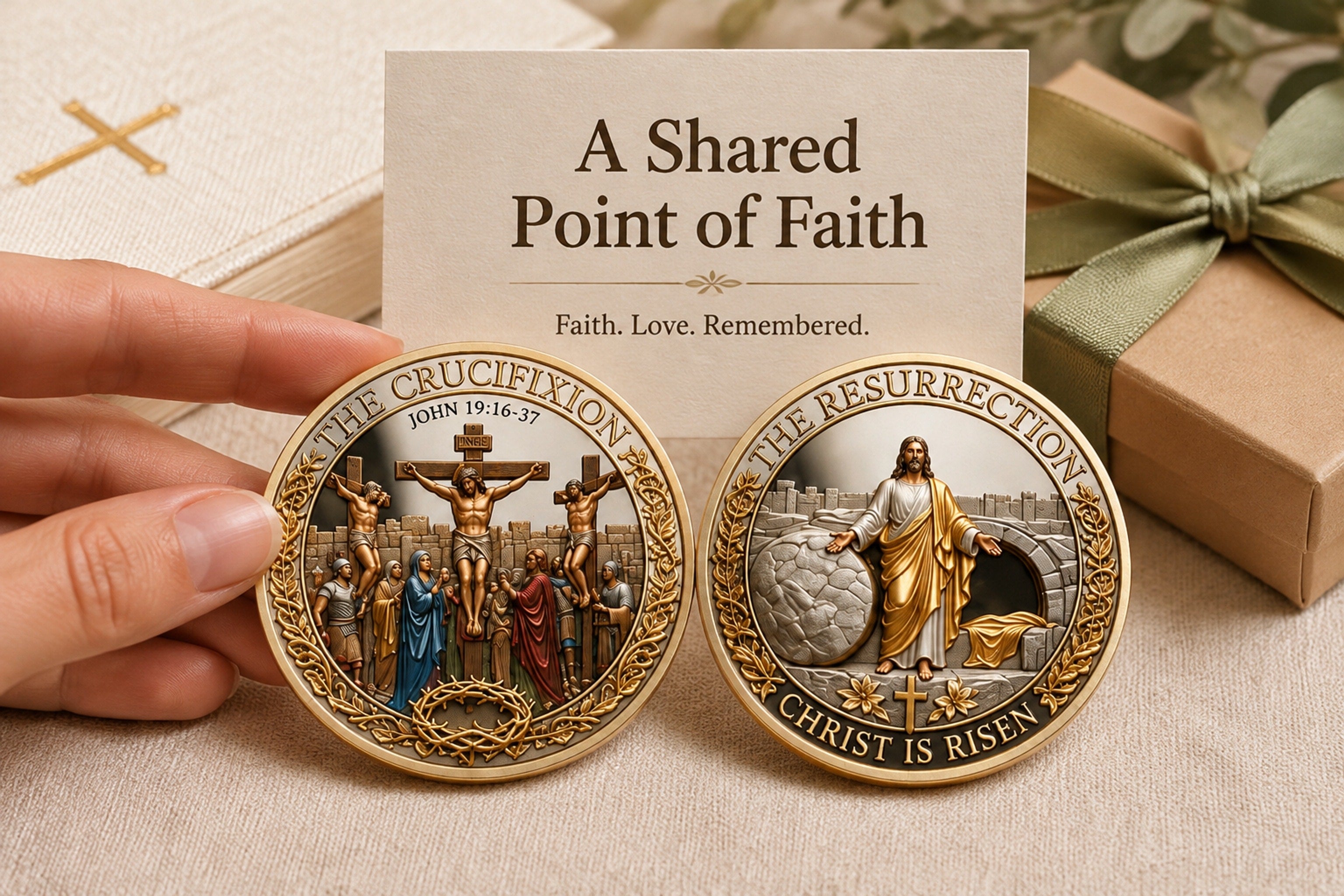 Close view of the coin’s visible Crucifixion and Resurrection imagery