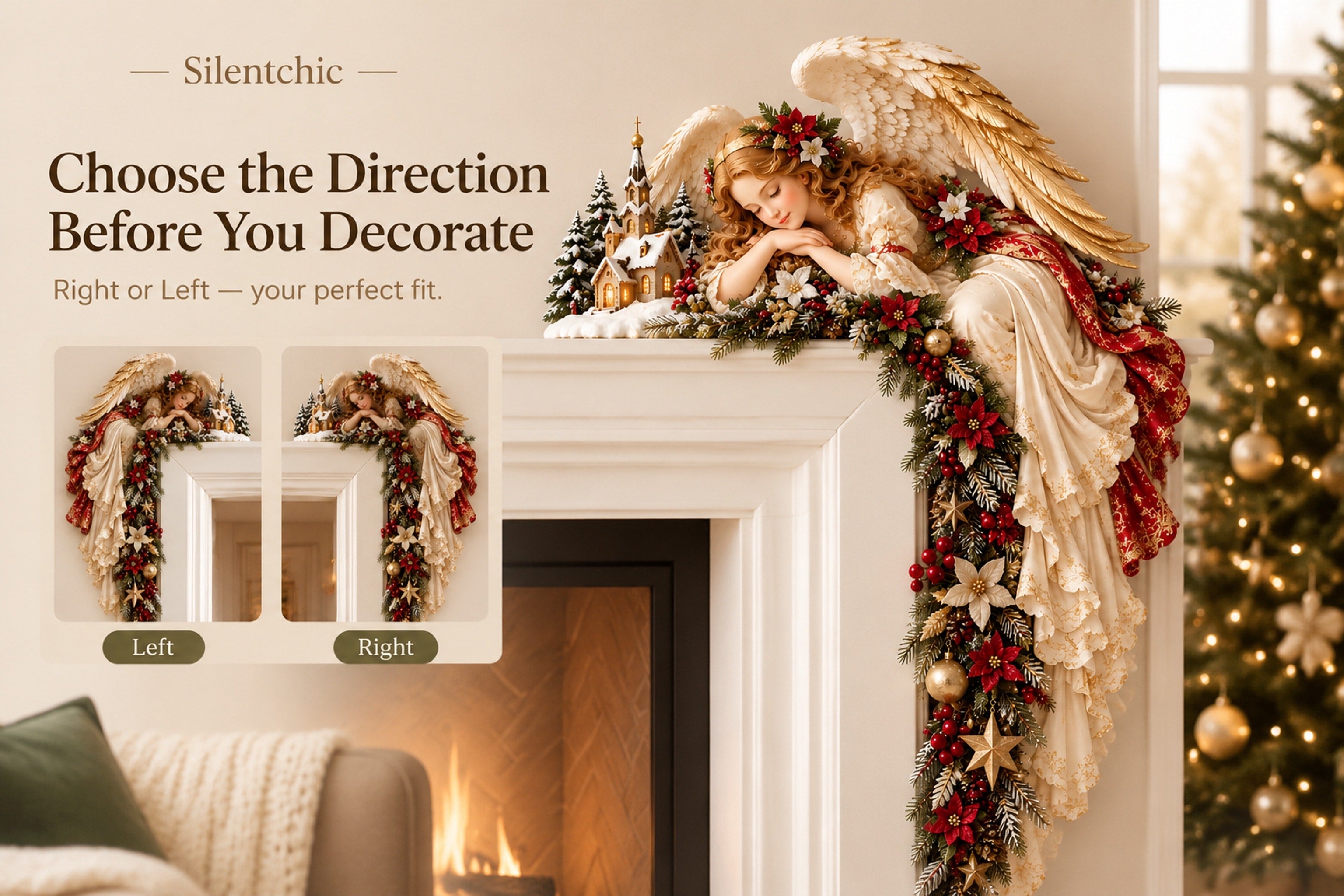 Angel-and-greenery Christmas door-frame decoration shown beside a fireplace in a warmly decorated holiday room.