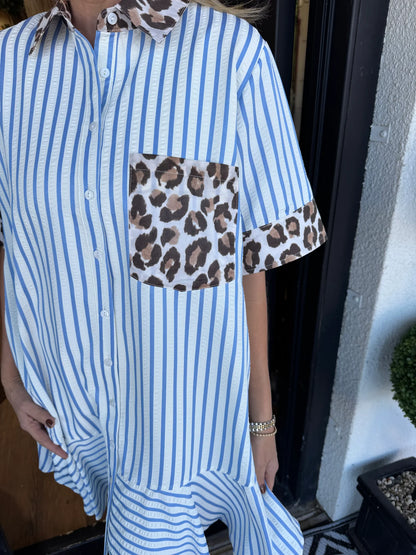 Women's Striped Animal Print Contrast Button Down Dress (Buy 2 Free Shipping)