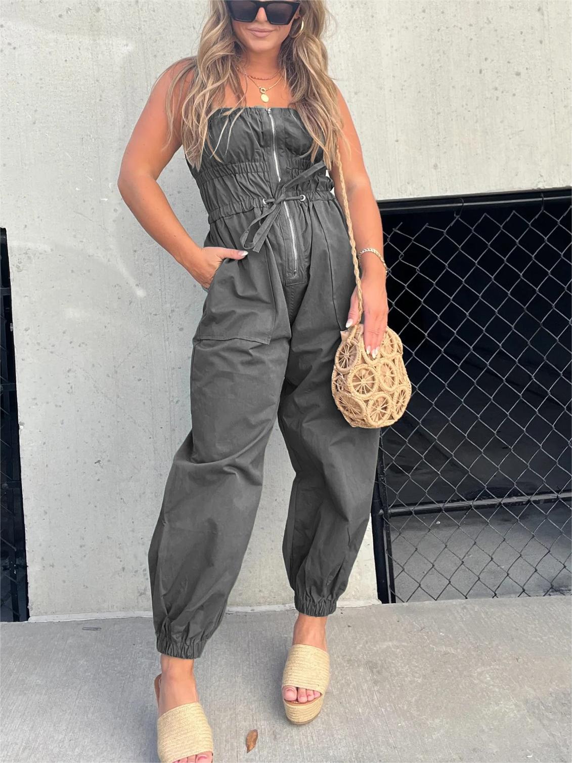 Ruched Elastic Front Zipper Cargo Jumpsuit (Buy 2 Free Shipping)