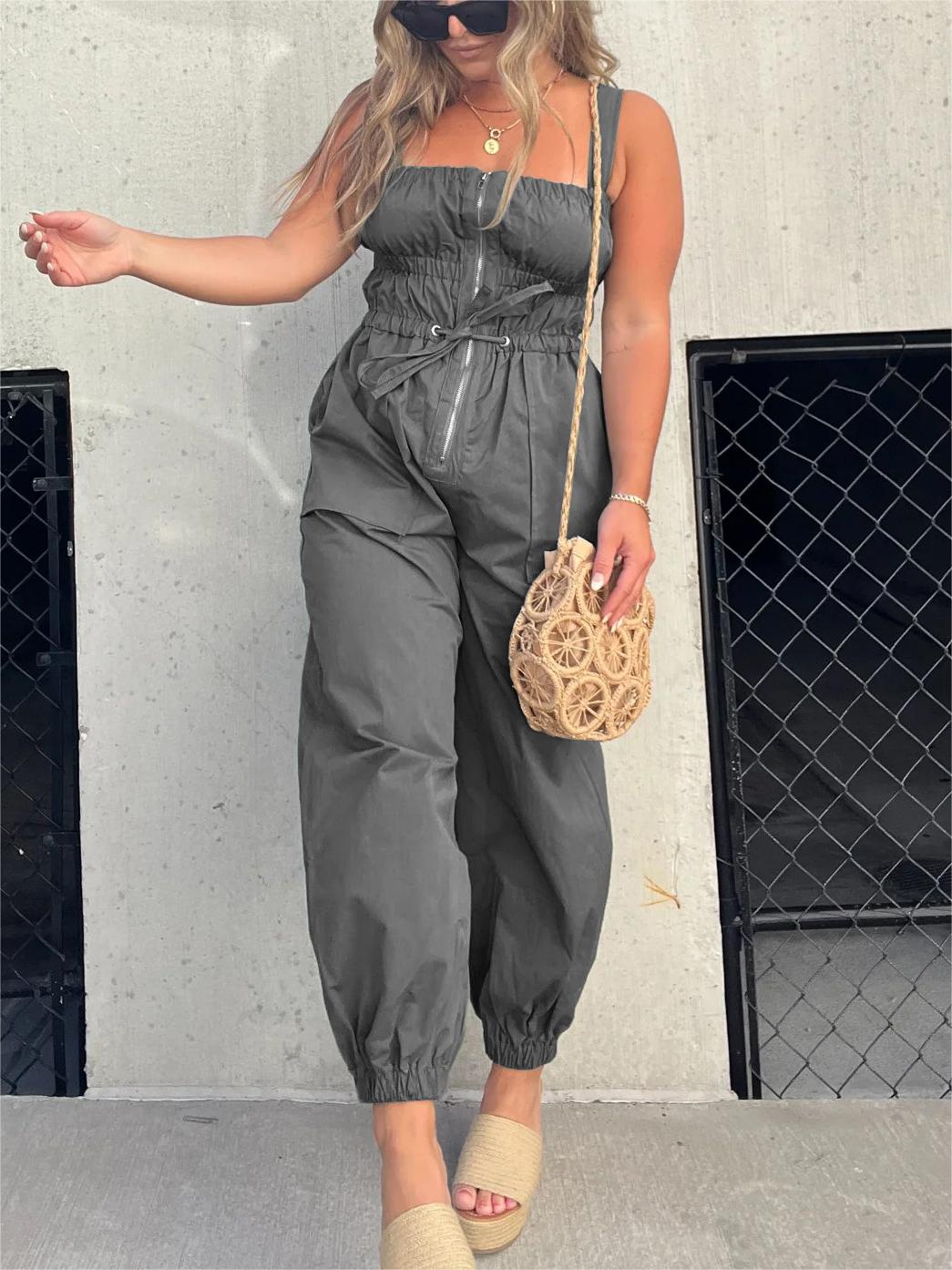 Ruched Elastic Front Zipper Cargo Jumpsuit (Buy 2 Free Shipping)