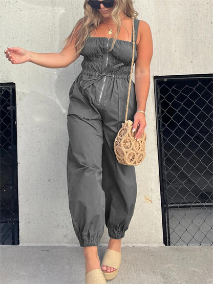 Ruched Elastic Front Zipper Cargo Jumpsuit (Buy 2 Free Shipping)