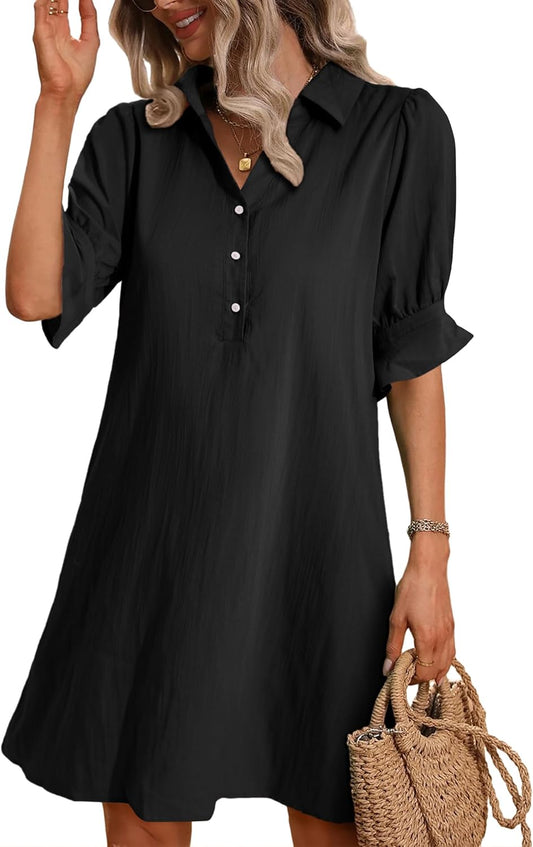 Women's Solid Ruffle Sleeve Button Down Shirt Dress (Buy 2 Free Shipping)