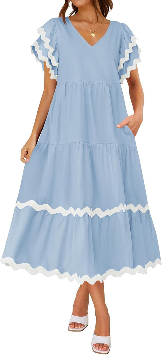 Women's V Neck Flutter Short Sleeve Tiered Long Dress (Buy 2 Free Shipping)