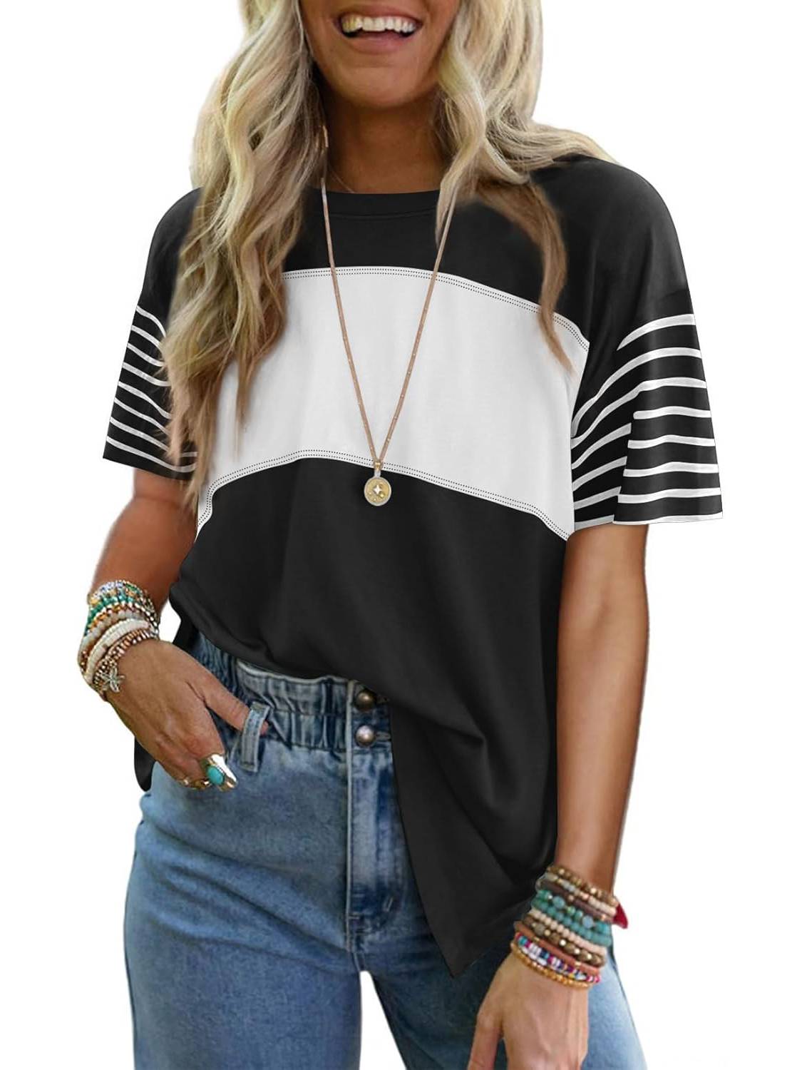 Women's Casual Crewneck Color Block Striped T-shirt (Buy 3 Free Shipping)
