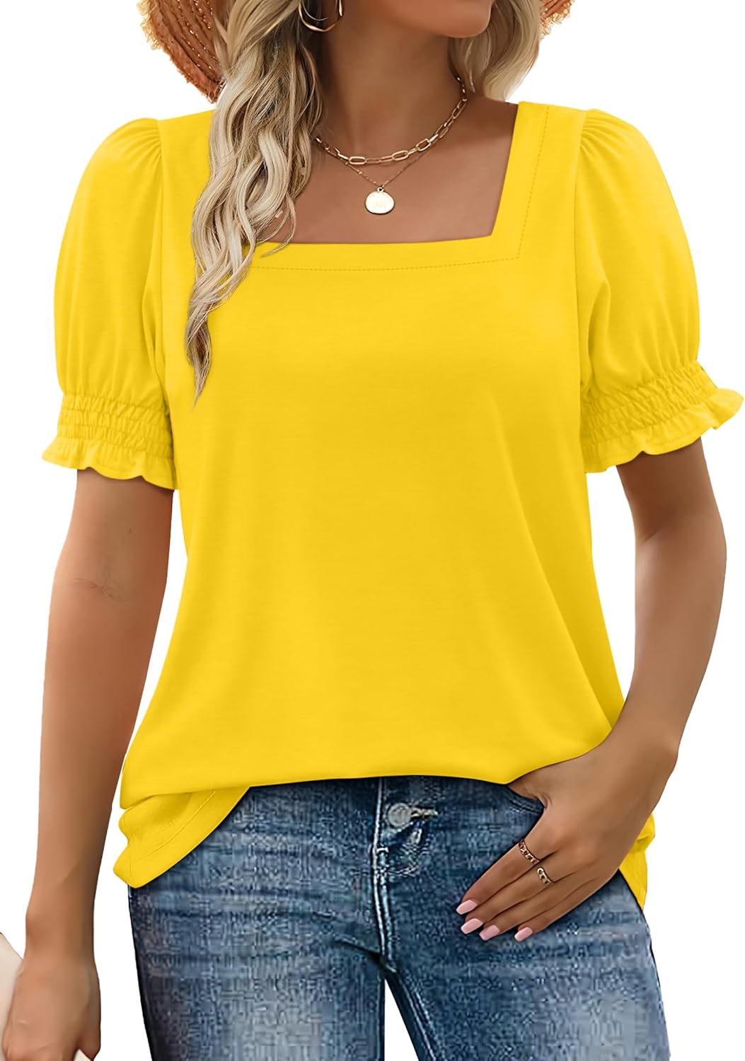 Women's Square Neck Smocked Sleeve Casual Tops (Buy 3 Free Shipping)