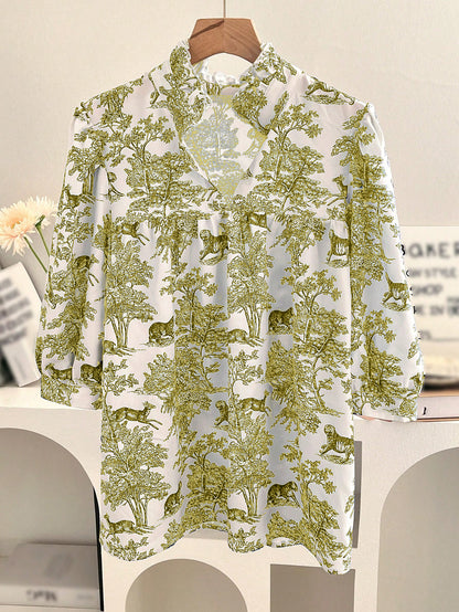 Women's V-neck Ruffle Collar Printed Shirts (Buy 2 Free Shipping)