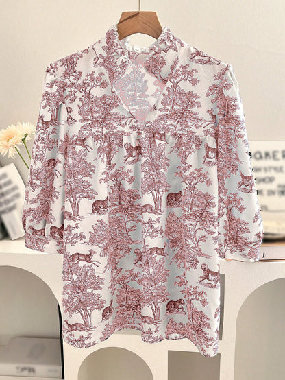 Women's V-neck Ruffle Collar Printed Shirts (Buy 2 Free Shipping)