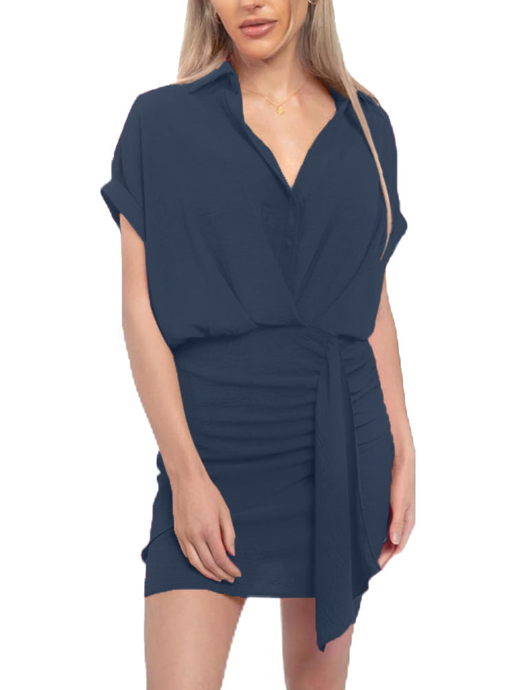 Women's V Neck Shirt Wrap Dress with Ruched Detail (Buy 2 Free Shipping)